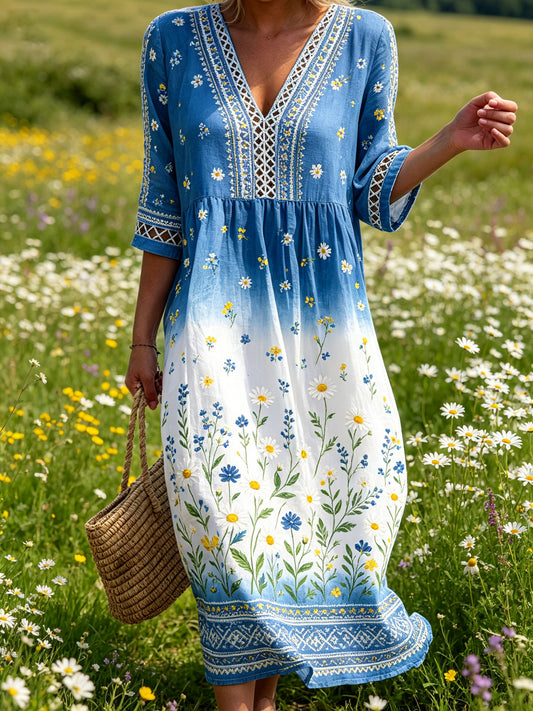 Women's Midsummer Festival Floral Gradient Color Cotton Linen Casual Dress