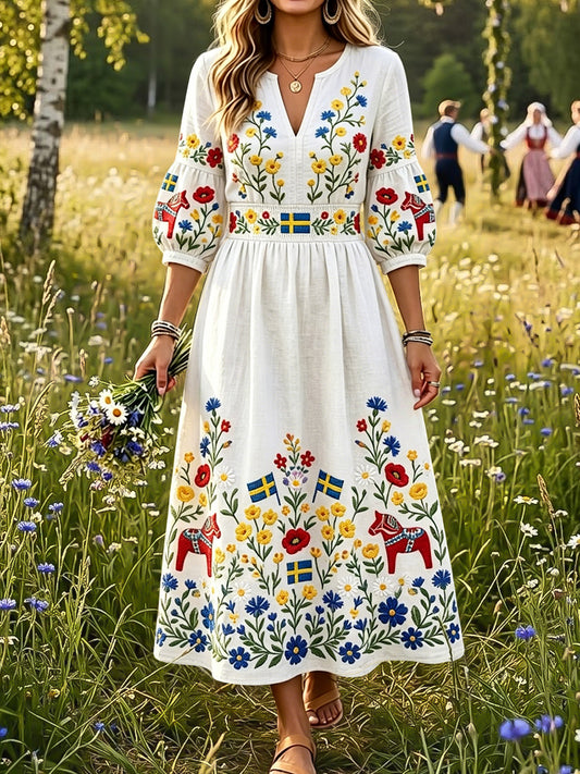 Women's Vintage Cornflower Floral V-Neck Dress