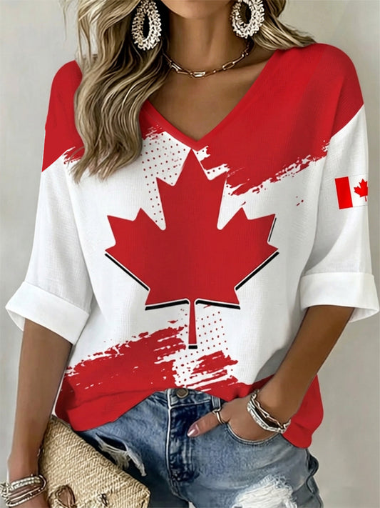 Women's Happy Canada Day Canadian Maple Leaf  Print Casual Waffle V-Neck Top