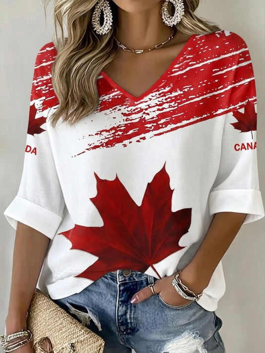 Women's Happy Canada Day Canadian Maple Leaf  Print Casual Waffle V-Neck Top
