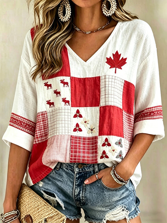 Women's  Maple Leaf Checkered Print Casual V-Neck Shirt