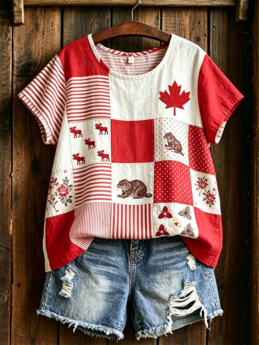 Women's  Maple Leaf Checkered Print Casual Tee