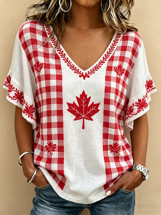 Women's Canada Day Floral Printed V-neck Ruffle Sleeve T-shirt
