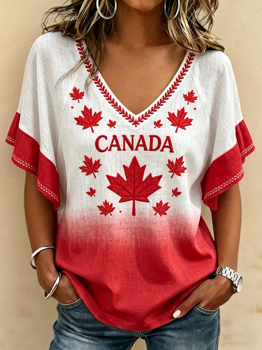 Women's Canada Day Floral Printed V-neck Ruffle Sleeve T-shirt