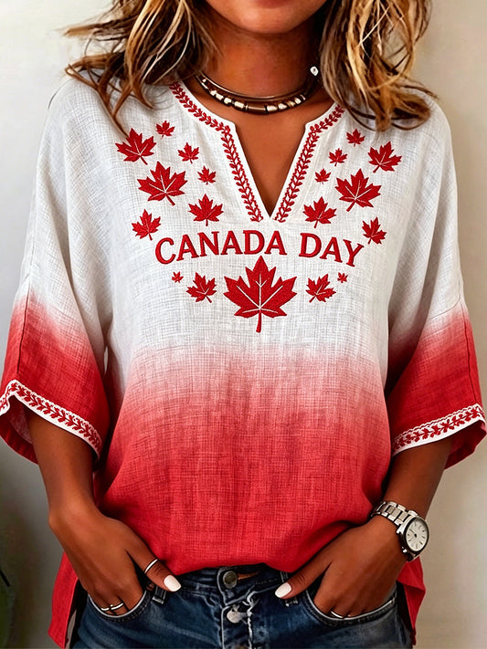 Women's V-neck Mid-Sleeve Canada Day Printed Casual T-shirt