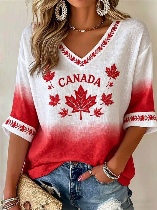 Women's V-neck Mid-Sleeve Canada Day Printed Casual T-shirt