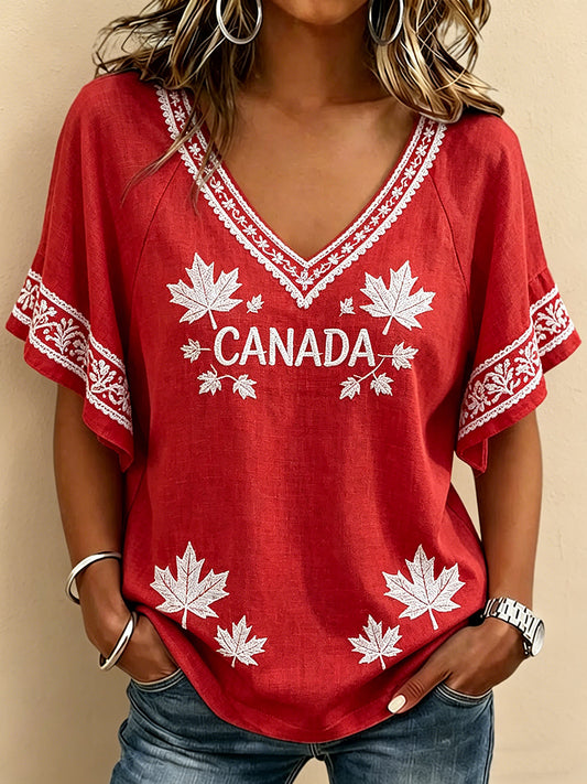 Women's Canada Day Printed V-neck Ruffle Sleeve T-shirt