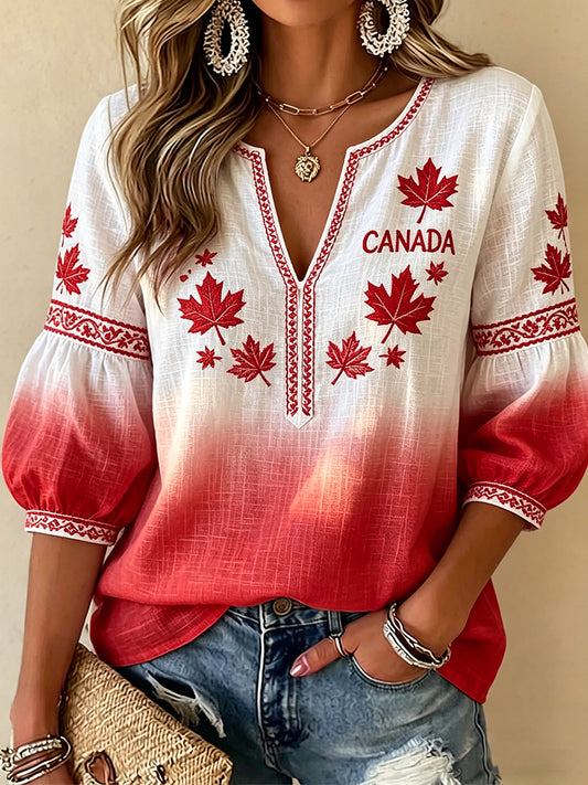 Women's V-neck Mid-Sleeve Canada Day Printed Casual T-shirt