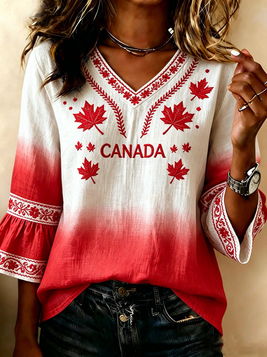 Women's V-neck Mid-Sleeve Canada Day Printed Casual T-shirt