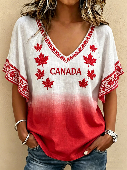 Women's Canada Day Printed V-neck Ruffle Sleeve T-shirt