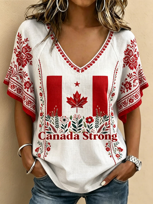 Women's Canada Day Printed V-neck Ruffle Sleeve T-shirt