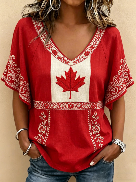 Women's Canada Day Printed V-neck Ruffle Sleeve T-shirt