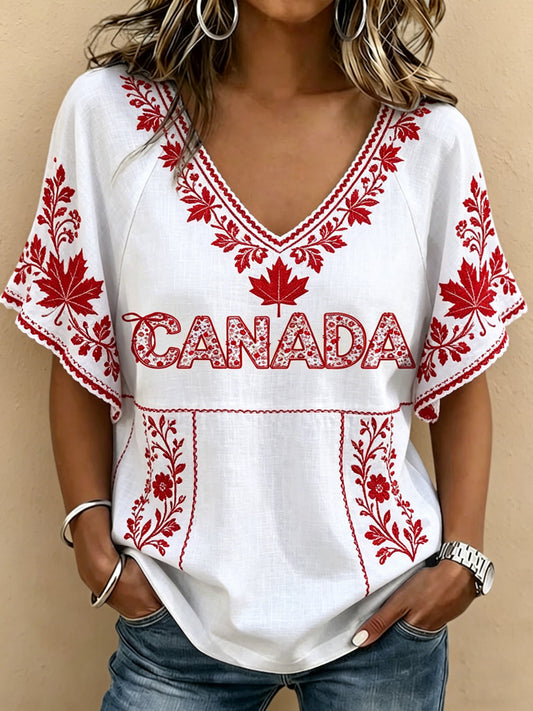 Women's Canada Day Printed V-neck Ruffle Sleeve T-shirt