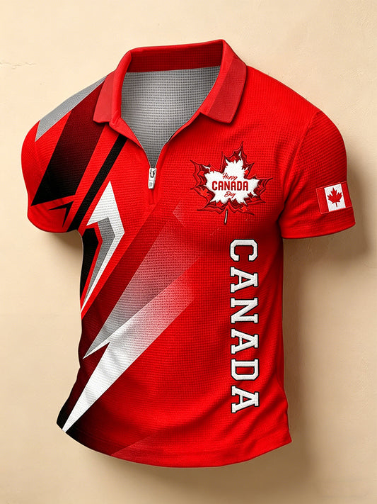 Men's Canada Day Print Polo Collar Casual Short Sleeved Waffle Shirt