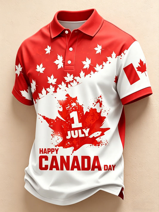 Men's Canada Day Print Polo Collar Casual Short Sleeved Shirt