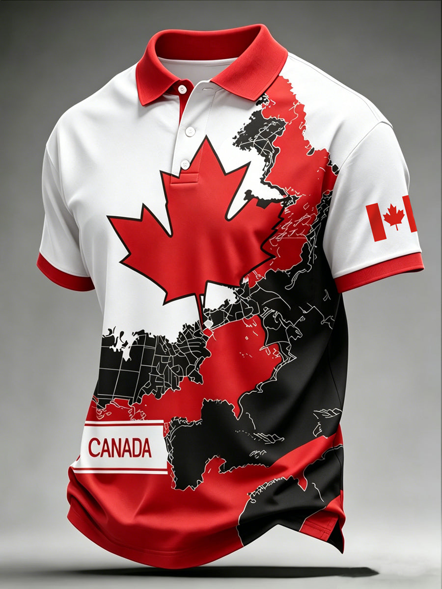  Men's Canada Day Print Polo Collar Casual Short Sleeved Shirt