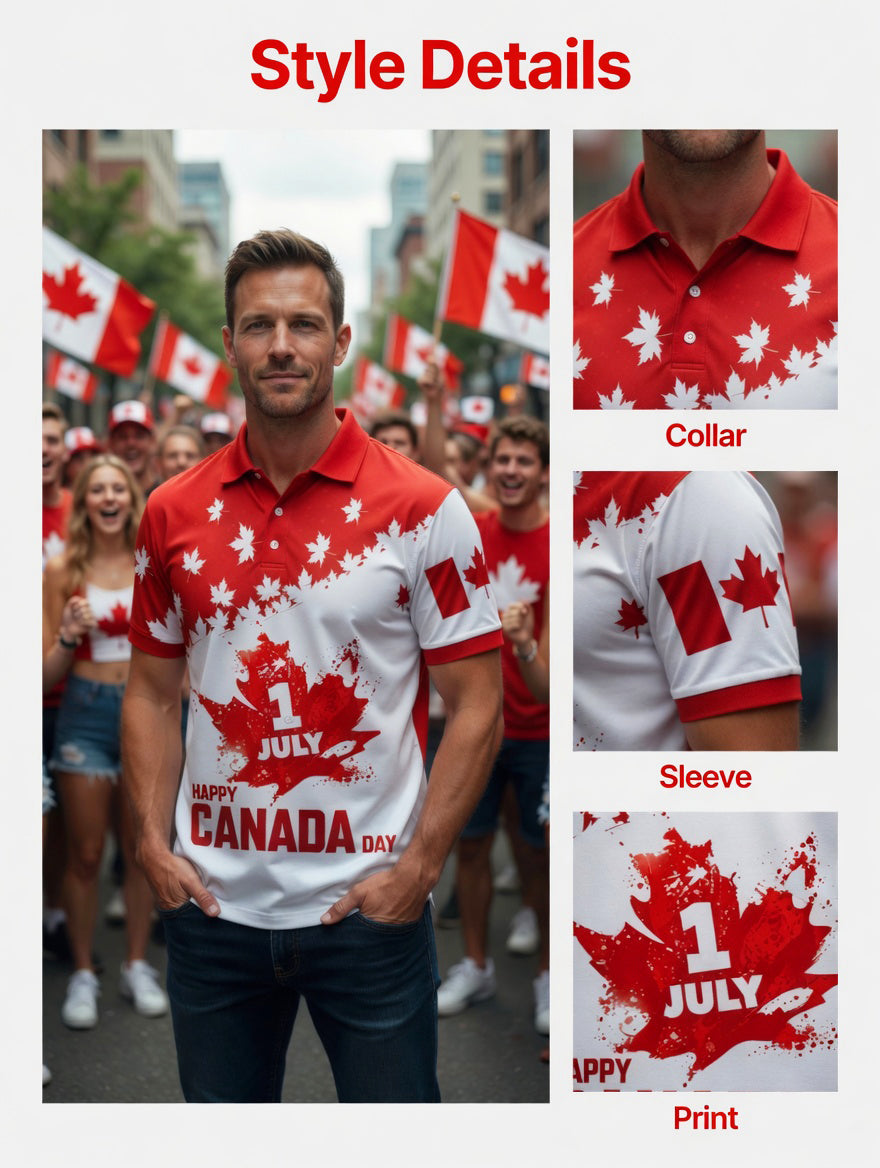 Men's Canada Day Print Polo Collar Casual Short Sleeved Shirt