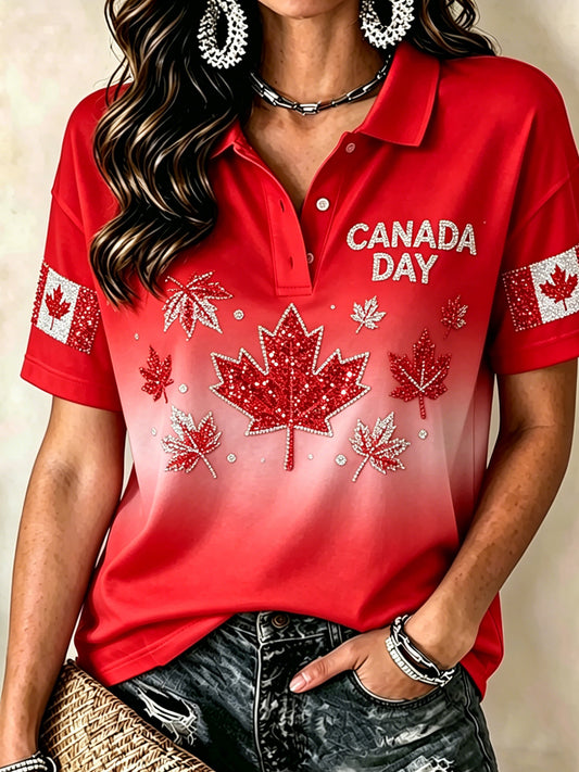 Women's Canada Day Print Polo Collar Casual Short Sleeved Shirt