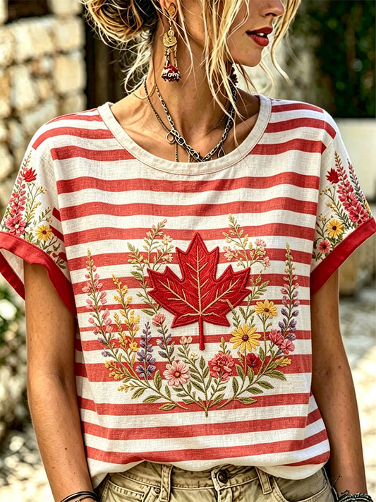 Women's Maple Leaf floral Print Casual Tee