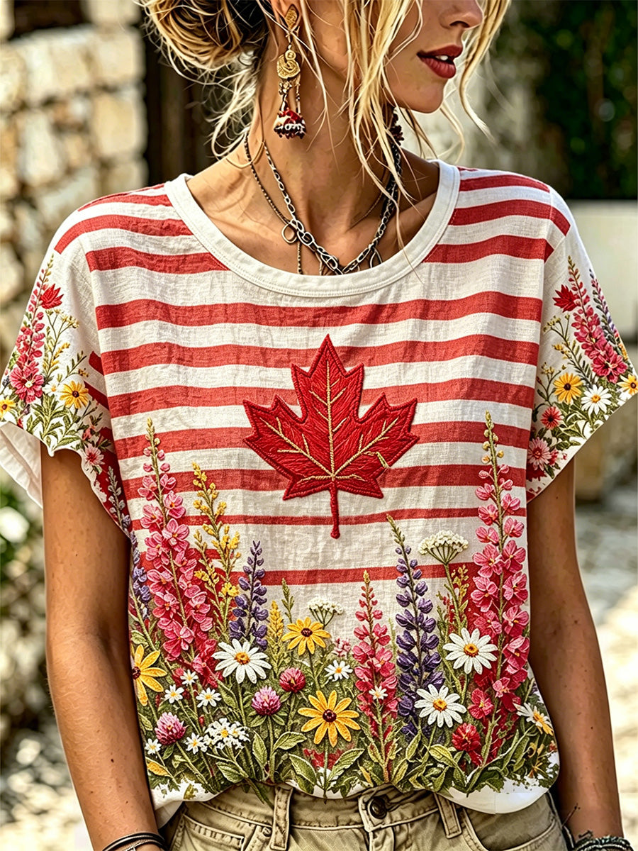 Women's Maple Leaf floral Print Casual Tee
