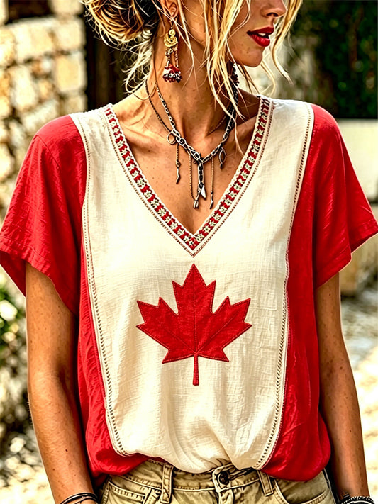 Women's Maple Leaf Print Casual V-Neck Tee