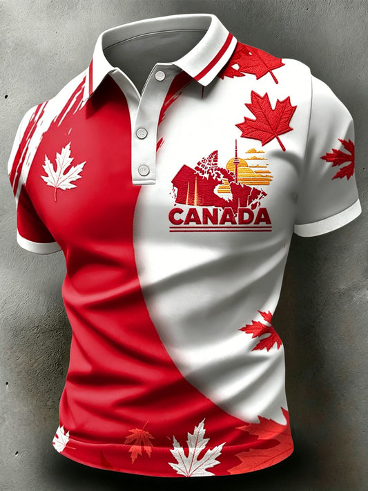 Men's Canada Day Print Polo Collar Casual Short Sleeved Shirt