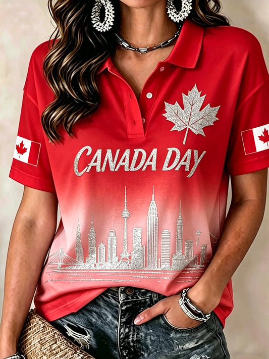 Women's Canada Day Print Polo Collar Casual Short Sleeved Shirt