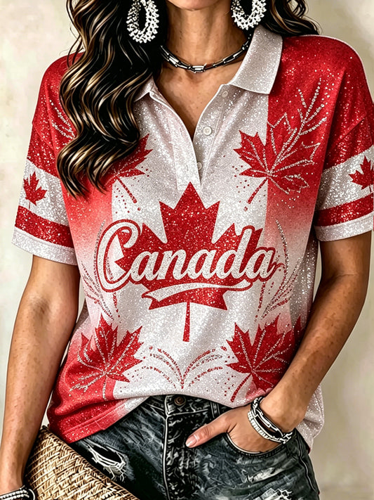 Women's Canadian Day Print Short Sleeve Polo Shirt