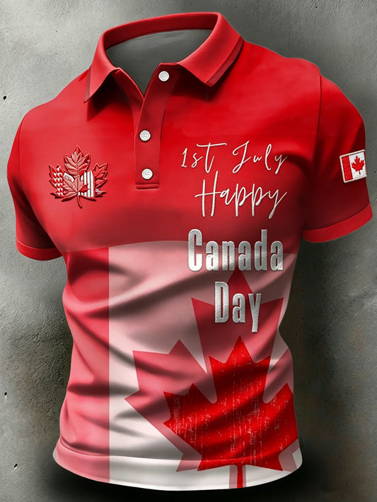 Men's Canada Day Print Polo Collar Casual Short Sleeved Shirt