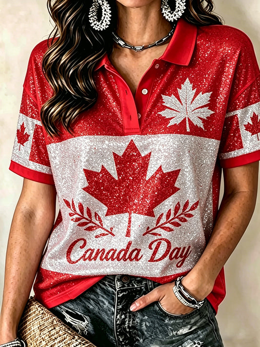 Women's Canadian Day Print Short Sleeve Polo Shirt