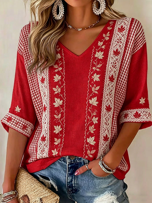 Women's V-neck Mid-Sleeve Canada Printed Casual T-shirt