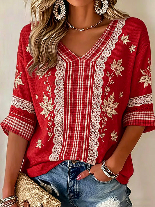 Women's V-neck Mid-Sleeve Canada Printed Casual T-shirt