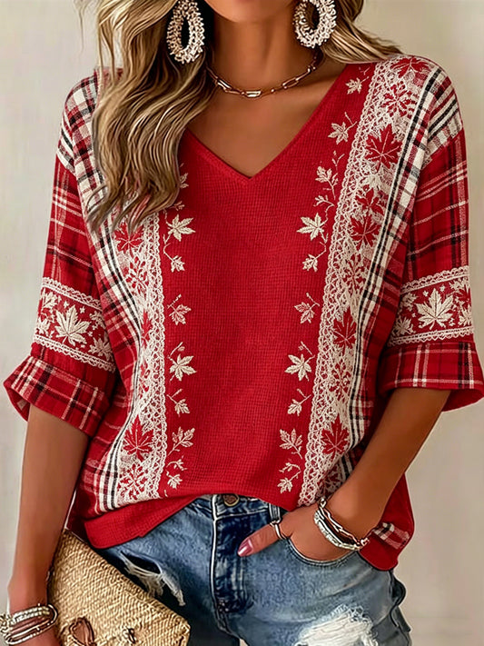 Women's V-neck Mid-Sleeve Canada Printed Casual T-shirt