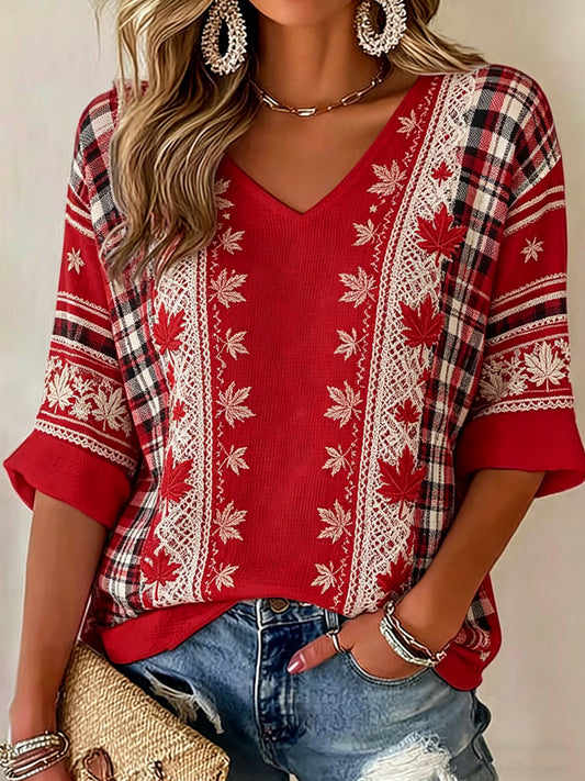 Women's V-neck Mid-Sleeve Canada Printed Casual T-shirt