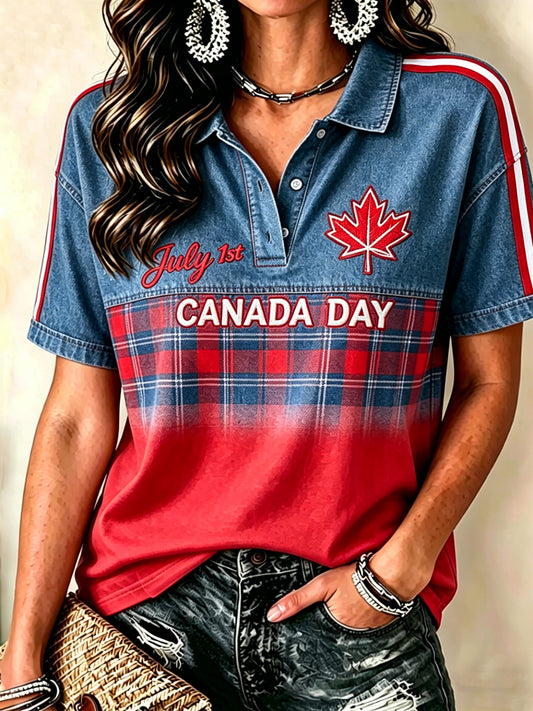 Women's Canadian Day Print Short Sleeve Polo Shirt