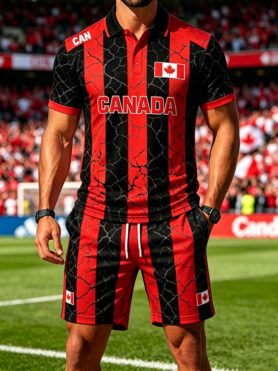 Men's Canada Soccer Print Polo Collar Casual Short Sleeved Set