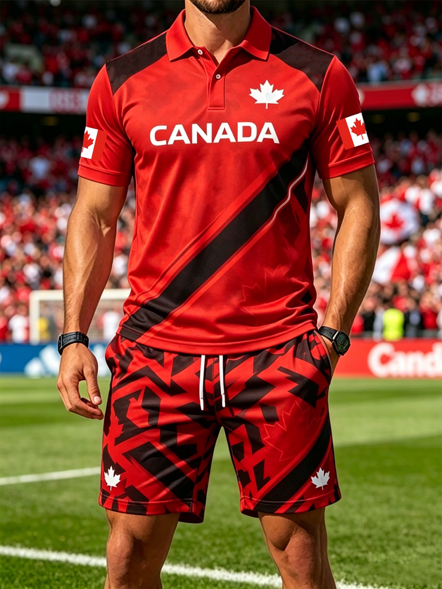 Men's Canada Soccer Print Polo Collar Casual Short Sleeved Set
