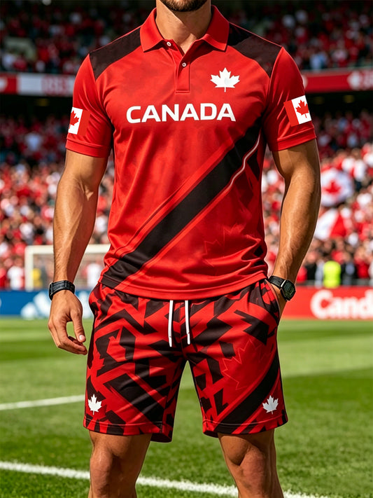 Men's Canada Soccer Print Polo Collar Casual Short Sleeved Set