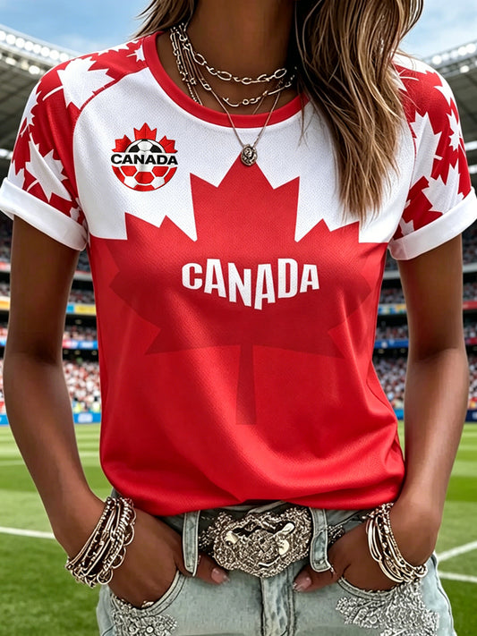 Women's Canada Soccer Printed Vintage Fashion Loose Short Sleeve T-Shirt