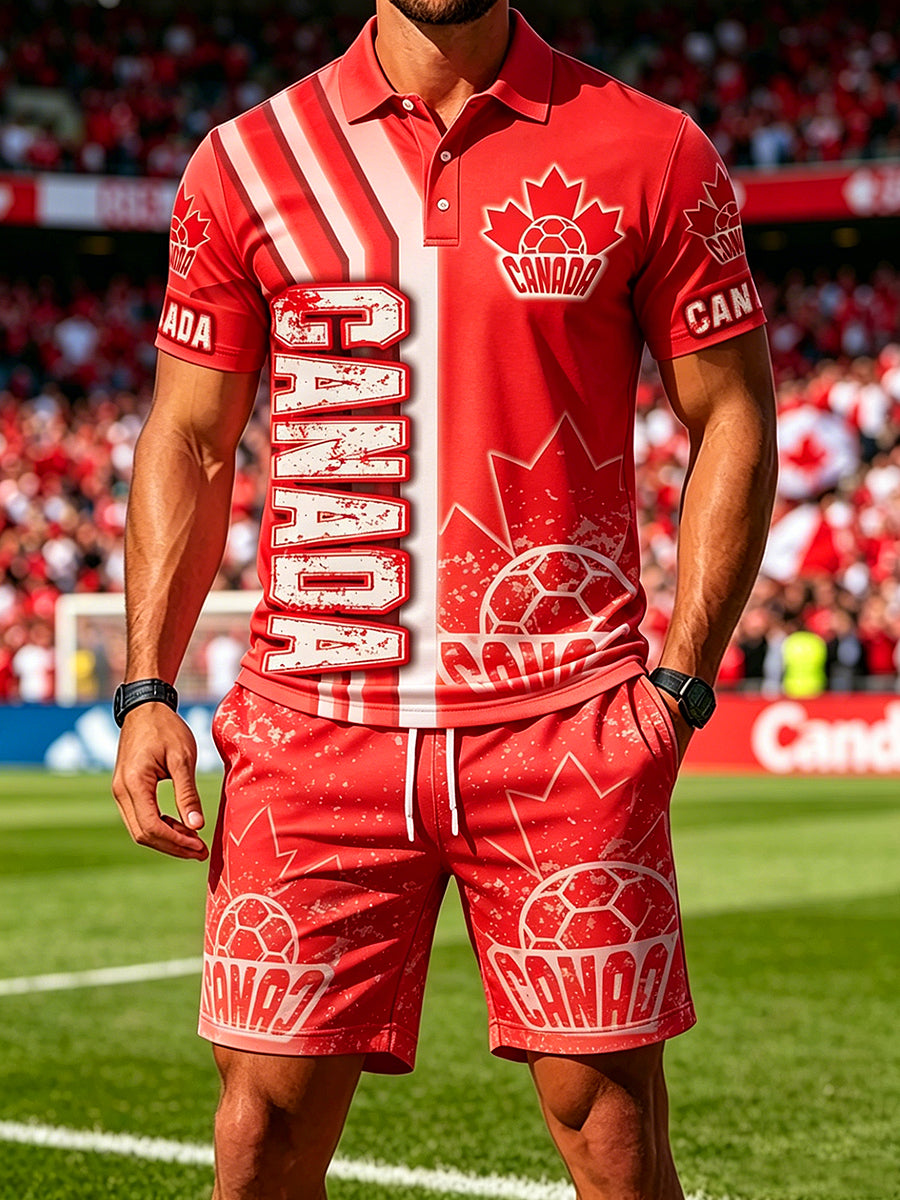 Men's Canada Soccer Print Polo Collar Casual Short Sleeved Set