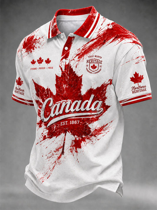 Men's Happy Canada Day Canadian Maple Leaf Print Casual Polo
