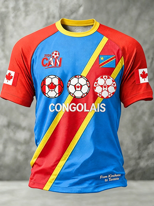 Men's Canada Congo Soccer Printed Vintage Fashion Loose Short Sleeve T-Shirt