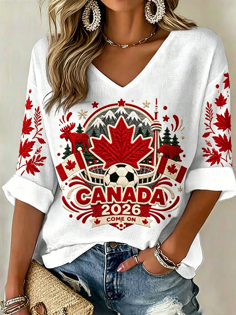 Women's V-neck Mid-Sleeve Canada Soccer Printed Casual T-shirt