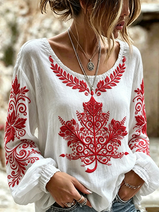 Women's Canada Maple Leaf Art Printed Round Neck Long Sleeved Shirt