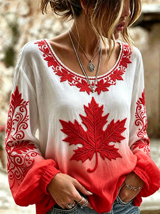 Women's Canada Maple Leaf Art Printed Round Neck Long Sleeved Shirt
