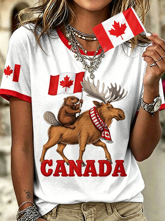 Women's Canada Day Printed Vintage Fashion Loose Short Sleeve T-Shirt