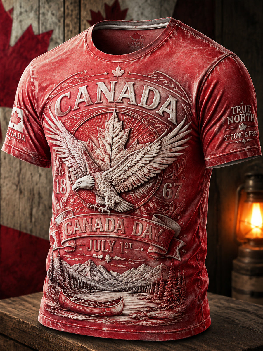 Vintage-Washed Canada Day Maple Leaf and Eagle Casual T-Shirt