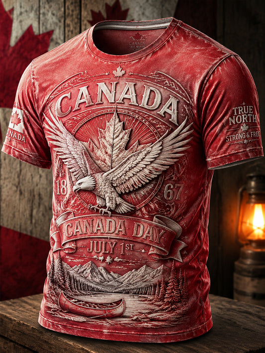 Vintage-Washed Canada Day Maple Leaf and Eagle Casual T-Shirt