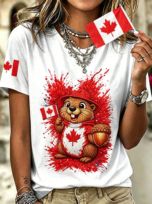 Women's Canada Day Printed Vintage Fashion Loose Short Sleeve T-Shirt