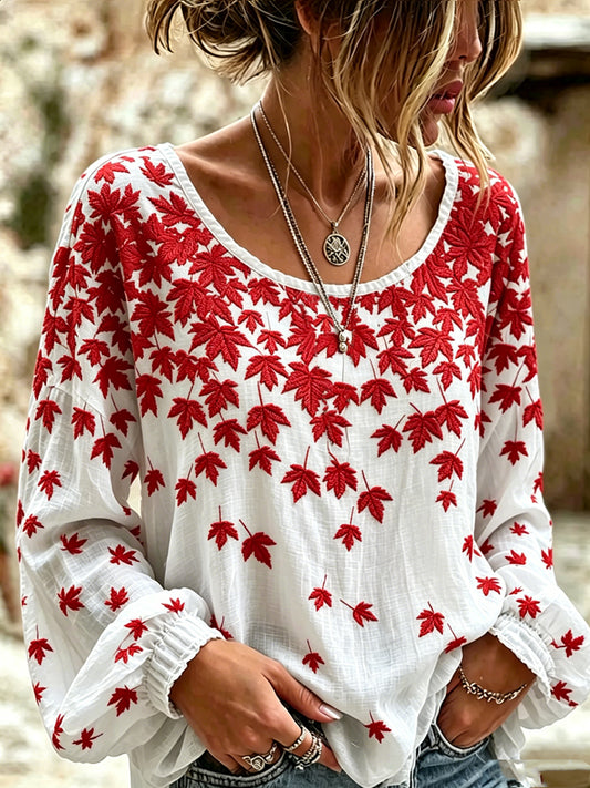 Women's Canada Maple Leaf Art Printed Round Neck Long Sleeved Shirt